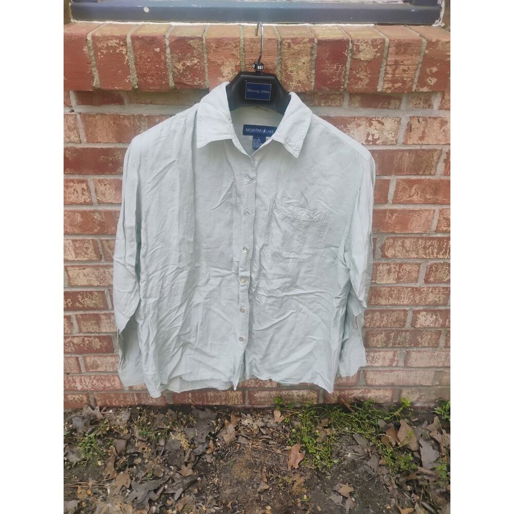 Mountain Lake Linen Blend Shirt Mens Large L Green Button Up Long Sleeve Vintage